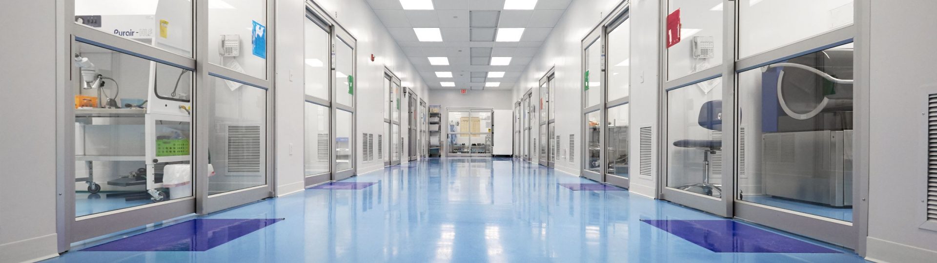 A brightly lit hallway with glass doors leading to laboratories at a TESco research facility
